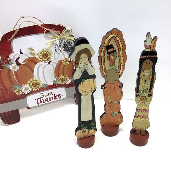 Vintage Lot Of 4 Slender Pilgrims & Native American Thanksgiving Fall Figurines - Picture 6 of 8